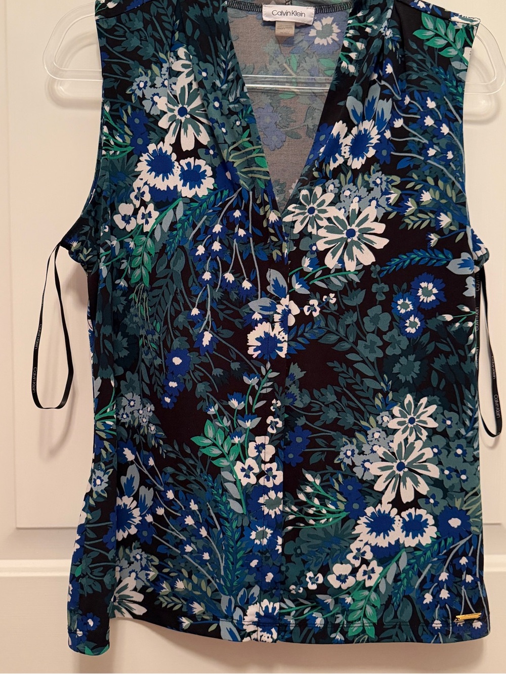 Calvin Klein Blue Green Floral V-Neck Sleeveless Blouse Stretch Top